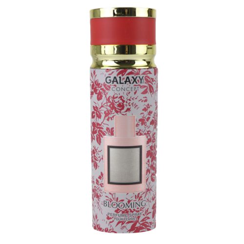 Vista frontal del spray de perfume Blooming para mujer de Galaxy Concept, destacando el diseño floral rojo y blanco y la elegante ilustración del frasco de perfume.