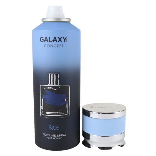 Perfume en aerosol Galaxy Concept Blue para hombre, con el tapón retirado para revelar la boquilla, lata de 200 ml, con un diseño azul degradado.