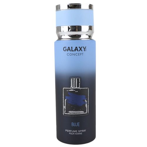 Vista frontal del perfume en aerosol Galaxy Concept Blue para hombre, frasco de 200 ml, que muestra el diseño azul degradado con detalles plateados.