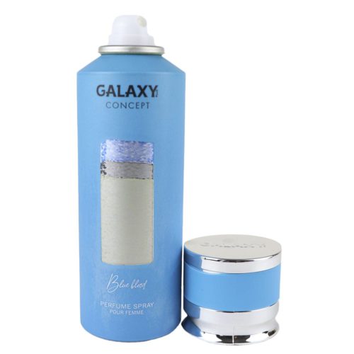 Perfume en spray para mujer Galaxy Concept Blue Blood, lata de 200 ml, con el tapón quitado, mostrando la boquilla pulverizadora. El frasco presenta un suave diseño azul.