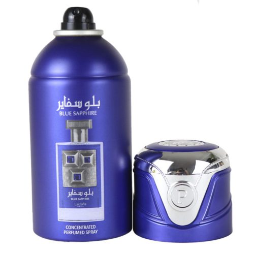 Lattafa Pride Blue Sapphire Spray Perfumado Concentrado 250ml en un bote azul real con detalles plateados, con una ilustración del frasco de perfume.