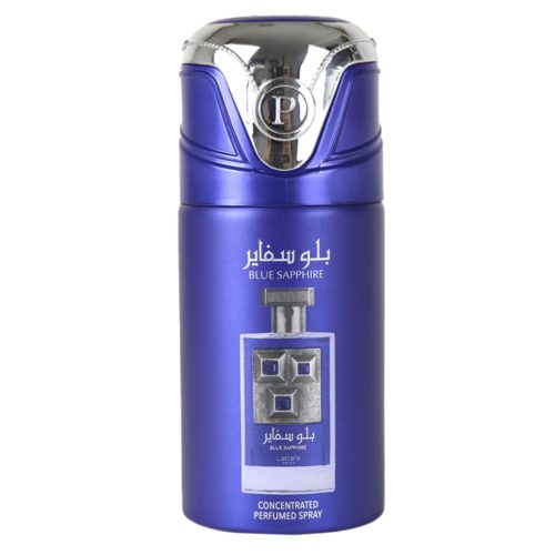 Lattafa Pride Blue Sapphire Bote de spray perfumado concentrado con tapa plateada y azul, en la que destaca la ilustración del frasco de perfume en la parte delantera.