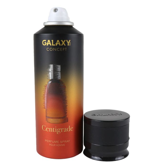 Galaxy Concept Centigrade Perfume Spray para hombre 200 ml, vista frontal con el tapón quitado, revelando la boquilla del spray en el bote negro y naranja.