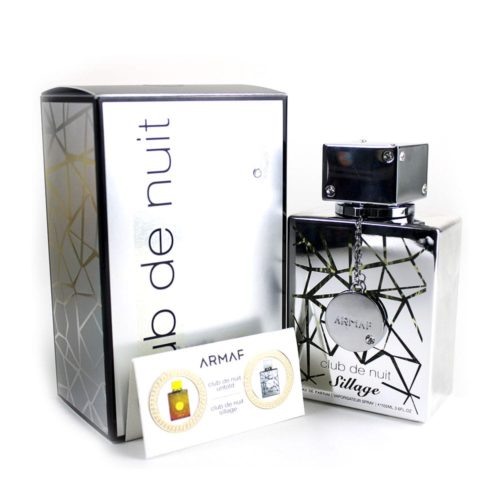 Club de Nuit Sillage Eau de Parfum 105 ml de Armaf, con un frasco plateado reflectante con motivos geométricos y una caja a juego, junto con tarjetas promocionales.
