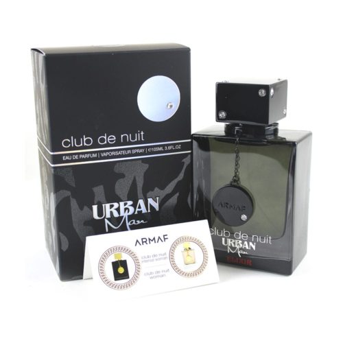 Frasco de Club De Nuit Urban Elixir Eau de Parfum 105 ml de Armaf, expuesto junto a su envase negro y plateado de diseño elegante