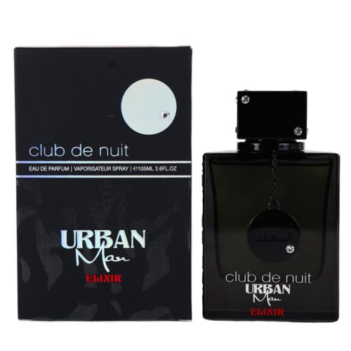 Club de Nuit Urban Man Elixir Eau de Parfum, con un elegante frasco negro con detalle de colgante, junto a una caja de embalaje negra a juego.