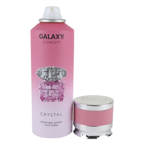 Perfume en spray Crystal para mujer de Galaxy Concept, lata de 200 ml con un diseño en degradado rosa y una ilustración en forma de cristal en la etiqueta. El tapón se coloca junto al bote.