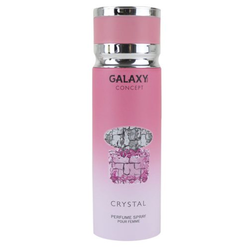 Vista frontal del spray de perfume Crystal para mujer de Galaxy Concept, en el que destaca el diseño del bote rosa con detalles plateados y la ilustración del cristal.