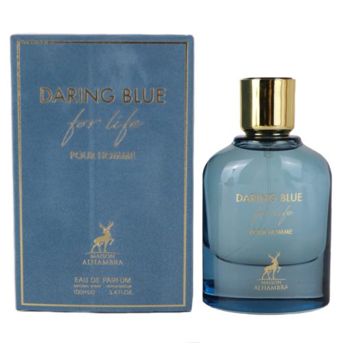 Botella de Daring Blue for Life Pour Homme Eau de Parfum, 100ml, de Maison Alhambra, con diseño elegante de vidrio azul y tapa dorada, junto a su caja azul a juego.