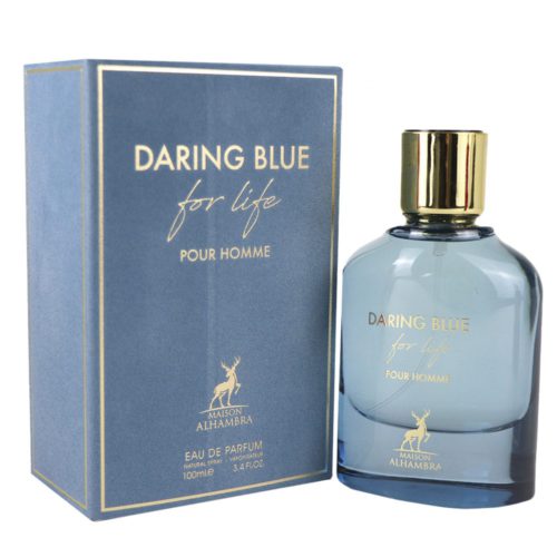 Daring Blue For Life Eau de Parfum for Men, junto a su estuche azul a juego, ambos con detalles dorados y la marca.