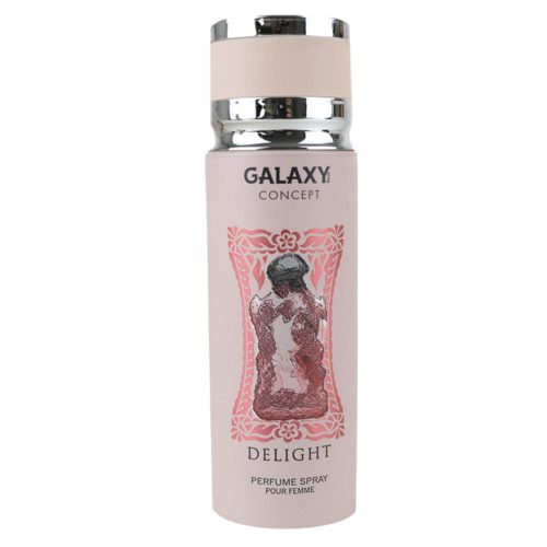 Perfume en spray Delight para mujer de Galaxy Concept, lata de 200 ml con un suave diseño beige, que presenta una intrincada ilustración floral del frasco de perfume.