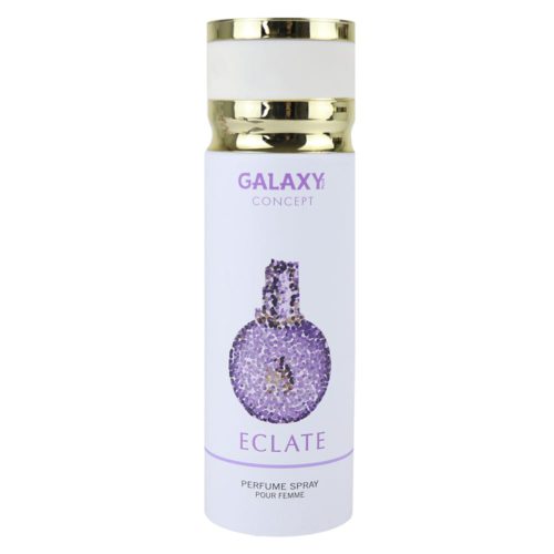 Vista frontal del perfume en aerosol Galaxy Concept Eclate para mujer, frasco de 200 ml, que presenta un diseño blanco con un gráfico de textura púrpura en el frasco.