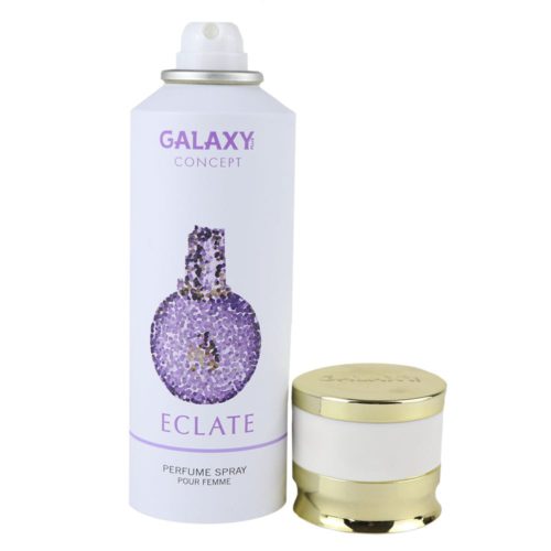 Perfume en aerosol Galaxy Concept Eclate para mujer, lata de 200 ml, con el tapón retirado, que deja al descubierto la boquilla pulverizadora. El frasco tiene un diseño blanco y morado.