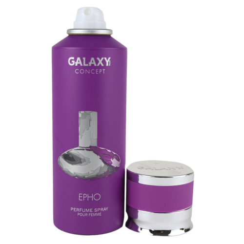 Perfume en aerosol Galaxy Concept Epho para mujer, lata de 200 ml, con el tapón quitado, mostrando la boquilla del aerosol. El frasco tiene un vibrante tema morado.