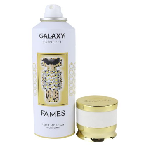 Perfume en spray Galaxy Concept Fames para mujer, lata de 200 ml, con el tapón retirado, que deja al descubierto la boquilla pulverizadora. El frasco tiene un diseño blanco y dorado.