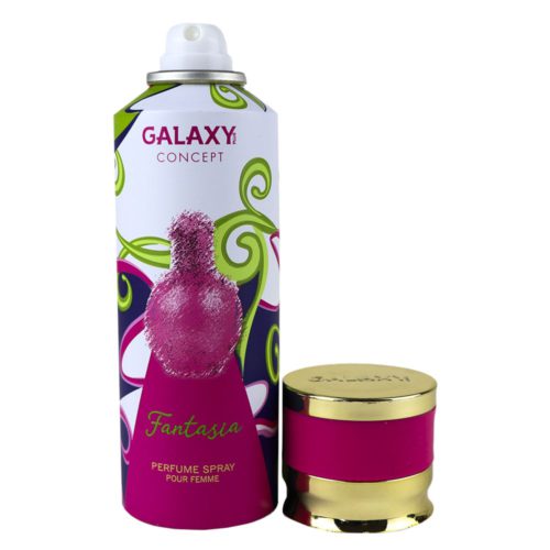 Perfume en spray Fantasia para mujer de Galaxy Concept, lata de 200 ml con un diseño vibrante que presenta remolinos verdes y rosas y una ilustración de un frasco de perfume. El tapón dorado y rosa se coloca junto al bote.