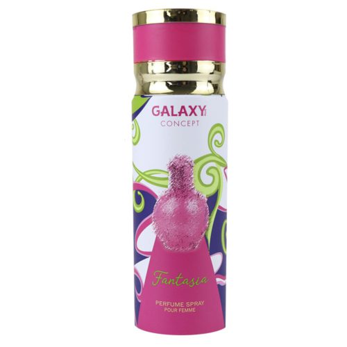 Vista frontal del spray de perfume Fantasia para mujer de Galaxy Concept, en el que destaca el atrevido diseño en espiral verde y rosa con la ilustración de un frasco de perfume y detalles dorados.