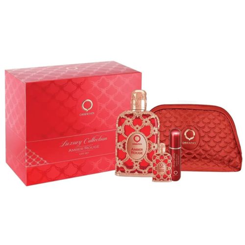 Set de regalo Orientica Amber Rouge Luxury Collection, que incluye un frasco de perfume grande, un pulverizador tamaño viaje, un mini frasco de perfume y un elegante neceser rojo.