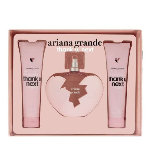 Set de regalo para mujer de la fragancia Ariana Grande Thank U, Next, que incluye un frasco de perfume en forma de corazón de 100 ml y dos tubos de loción corporal rosa.