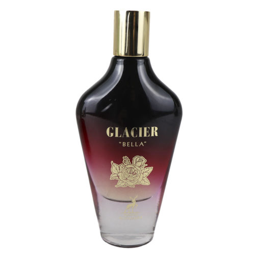 Vista frontal del frasco de Glacier Bella Eau de Parfum, 100 ml, con un elegante diseño degradado de negro a rojo y detalles florales dorados.