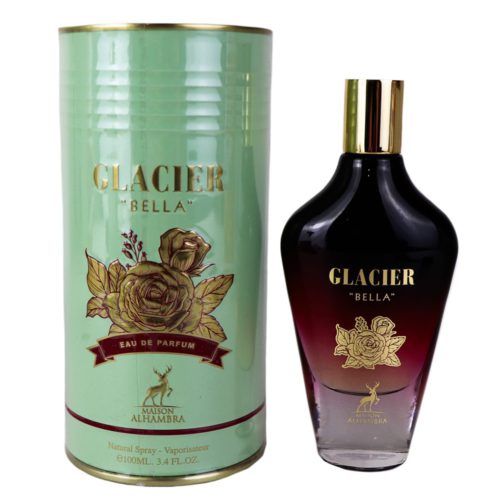Glacier Bella Eau de Parfum de Maison Alhambra, con un frasco degradado con detalles dorados y diseño floral, acompañado de una caja cilíndrica verde menta.