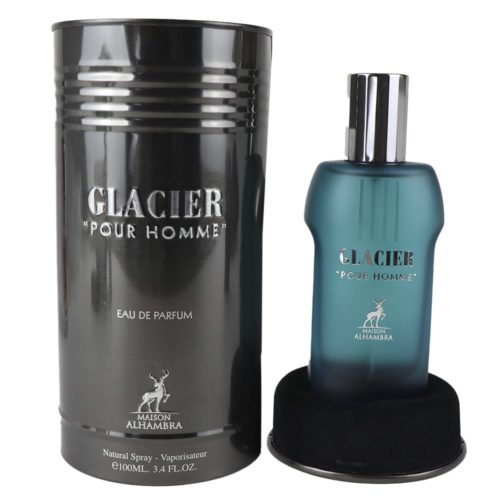 Glacier Pour Homme Eau de Parfum de Maison Alhambra con su frasco expuesto junto al envase cilíndrico negro; el frasco tiene un elegante tapón plateado.