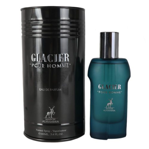 Frasco de perfume Glacier Pour Homme de vidrio azul escarchado con tapa plateada, junto a una caja cilíndrica alta y negra con texto plateado en relieve.