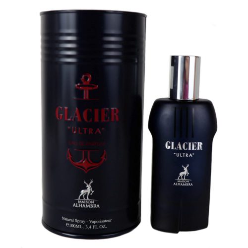 Un elegante frasco de perfume negro con detalles plateados, etiquetado como "Glacier Ultra," junto a un empaque cilíndrico negro a juego con texto rojo y un diseño de ancla.