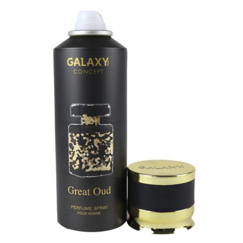 Perfume en spray Avalanche para hombre de Galaxy Concept, envase de 200 ml con tapón abierto, de elegante diseño negro con detalles plateados.