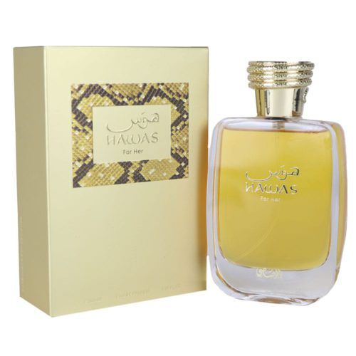 Rasasi Hawas For Her Eau de Parfum frasco de 100 ml expuesto junto a su caja dorada con un elegante acento de piel de serpiente.