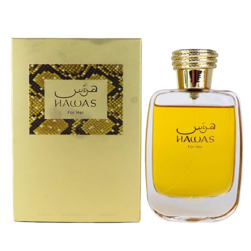 Un frasco de perfume rectangular lleno de líquido dorado con una tapa texturizada en oro, junto a su empaque dorado a juego etiquetado como "Hawas For Her."