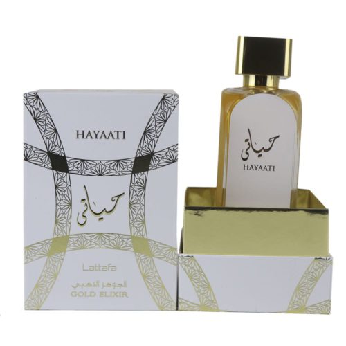 Hayaati Gold Elixir Eau de Parfum 100 ml de Lattafa, con caja y frasco expuestos, con detalles dorados y escritura árabe sobre envase blanco.