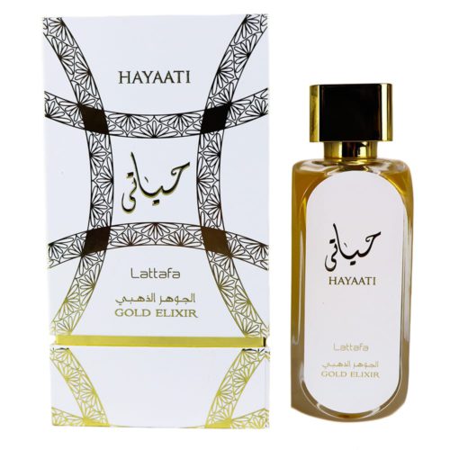 Hayaati Gold Elixir de Lattafa, presentado en una elegante botella dorada con una caja blanca y dorada ornamentada con texto en árabe e inglés.