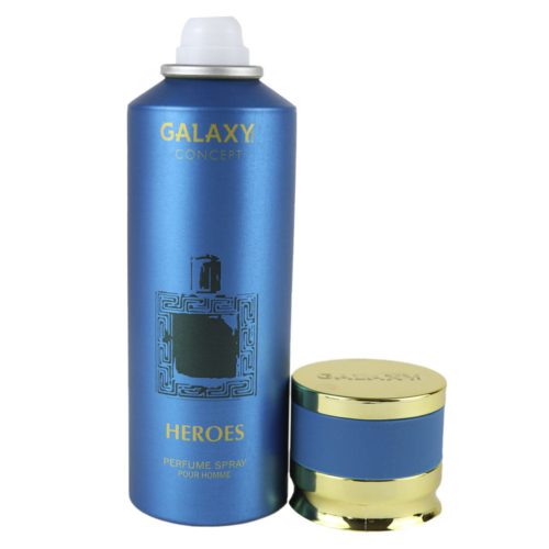 Spray de perfume Heroes para hombre de Galaxy Concept con el tapón quitado, mostrando el bote azul y detalles dorados junto con la ilustración geométrica del frasco de perfume.