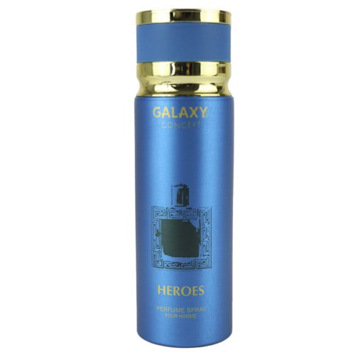 Spray de perfume Heroes para hombre de Galaxy Concept con el tapón quitado, mostrando el bote azul y detalles dorados junto con la ilustración geométrica del frasco de perfume.