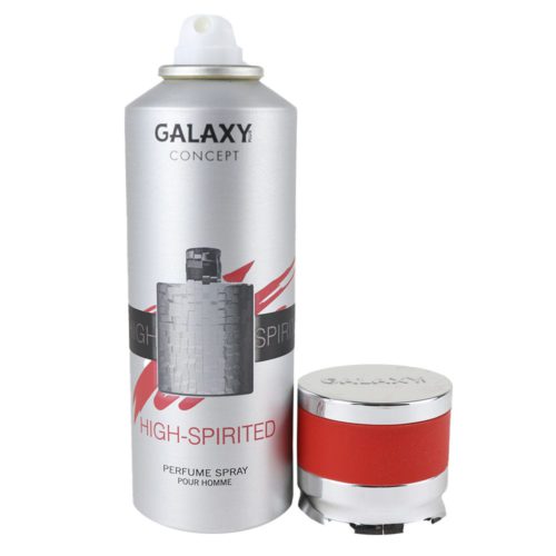 Galaxy Concept High-Spirited Perfume Spray for Men 200 ml, vista frontal con el tapón retirado, que revela la boquilla pulverizadora en un bote plateado con detalles rojos.
