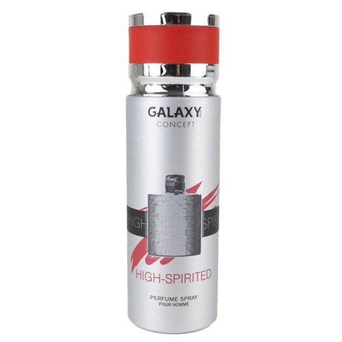Galaxy Concept High-Spirited Perfume Spray for Men 200 ml, vista frontal con el tapón puesto, mostrando el elegante diseño plateado con detalles rojos.