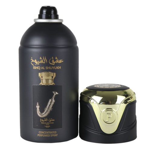 Lattafa Pride Ishq Al Shuyukh Gold Spray Perfumado Concentrado 250ml en un bote negro con detalles dorados, con una ilustración del frasco de perfume con un diseño de daga curvada.