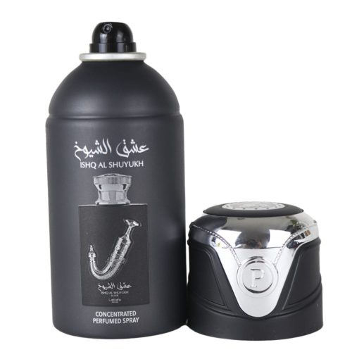 Lattafa Pride Ishq Al Shuyukh Silver Spray Perfumado Concentrado 250ml en un bote negro con detalles plateados, con una ilustración del frasco de perfume con un diseño de daga curvada.