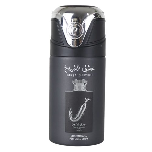 Lattafa Pride Ishq Al Shuyukh Silver Concentrated Perfumed Spray bote con la tapa quitada, mostrando el diseño negro y plateado y la boquilla de pulverización.