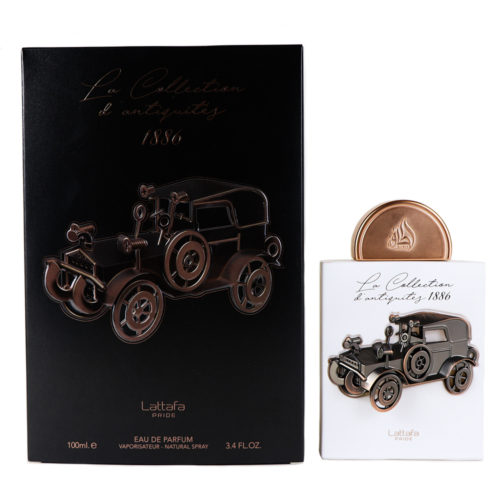 La Collection D'antiquités 1886 Eau De Parfum de Lattafa, frasco de 100 ml y envase con diseño de coche antiguo con detalles dorados.