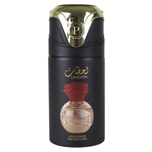 Lattafa Pride Lahdath Bote de spray perfumado concentrado con tapa dorada y negra, en la que destaca la ilustración de la rosa roja y el texto dorado de la parte delantera.