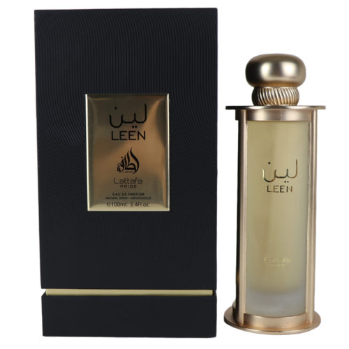 Leen Eau de Parfum de Lattafa Pride, con una lujosa caja negra con detalles dorados y un frasco alto de perfume esmerilado con tapón dorado.