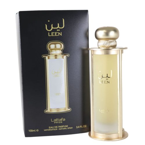 Lattafa Pride Leen EDP 100 ml Frasco de perfume unisex expuesto delante de la caja, con el tapón dorado y el diseño transparente.
