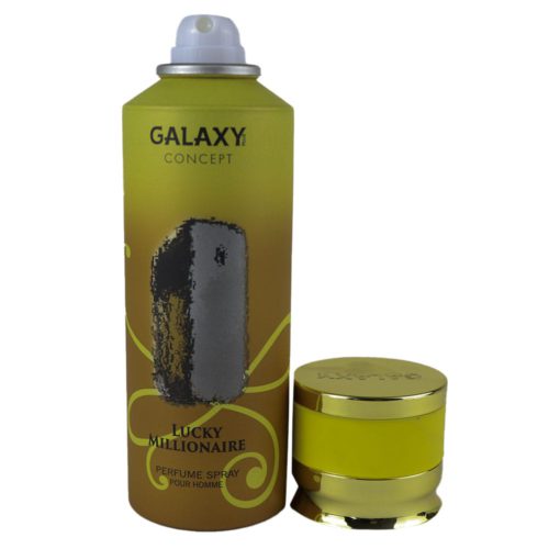 Bote de perfume en spray para hombre Galaxy Lucky Millionaire, mostrado con el tapón quitado, mostrando la boquilla de pulverización.