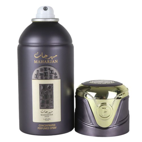 Lattafa Pride Maharjan Gold Concentrated Perfumed Spray bote con la tapa quitada, mostrando el envase negro y dorado y la boquilla pulverizadora.