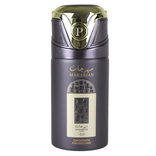 Lattafa Pride Maharjan Gold Spray Perfumado Concentrado 250ml con un bote negro y dorado, con un diseño texturizado y detalles dorados en la tapa.