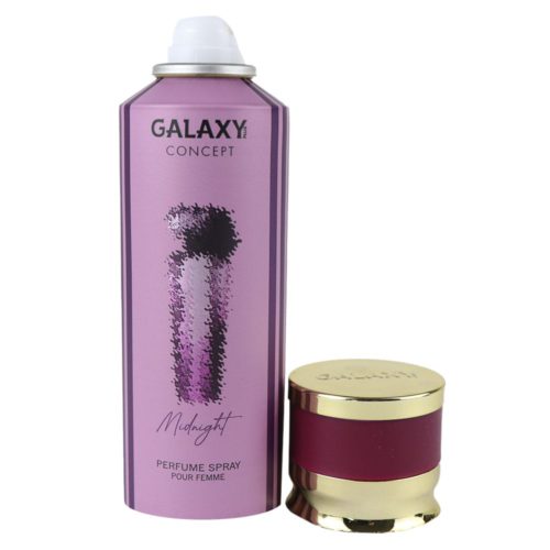 Vista frontal del Perfume Corporal en Spray para mujer Galaxy Plus Concept MIDNIGHT, con un elegante frasco morado con detalles dorados y el nombre del producto en elegante letra.