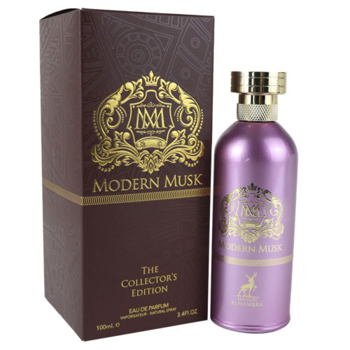 Modern Musk Eau de Parfum de Maison Alhambra para mujer, con un frasco metálico rosa con detalles dorados, que se muestra junto a su ornamentado envase marrón.