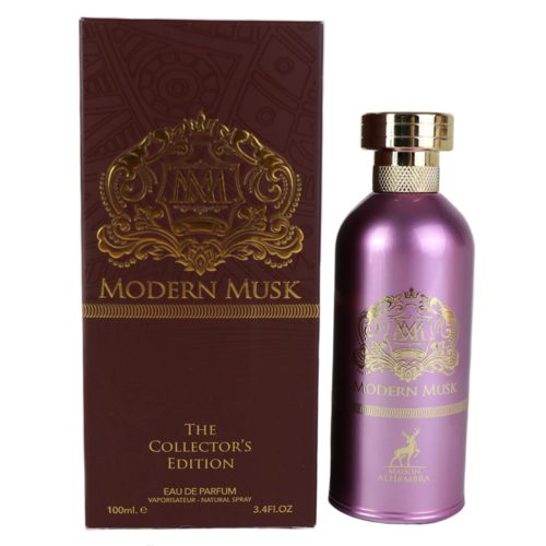 Modern Musk de Maison Alhambra - Edición de Coleccionista, con un frasco metálico morado y una caja marrón con detalles dorados intrincados.